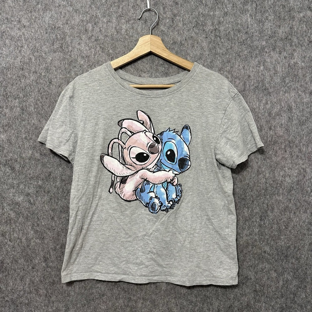 Disney‎ Stitch & Angel Hug Graphic T-Shirt Gray Women's Small S Cartoon Tee